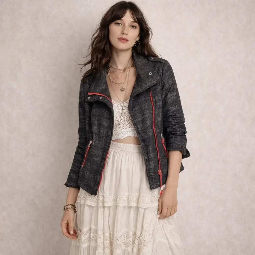 FP We The Free Moto Jacket Sz 4 Textured Tweed Grey Red Zip Edgy Biker Cool Girl